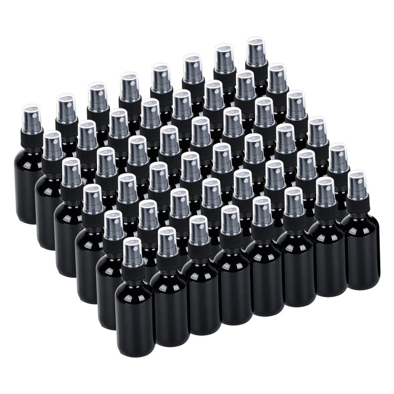 YONKAN 2oz UV Resistant Glass Spray Bottle Fine Mist Boston Glass Bottles with Black Fine Mist Sprayer Small Clear Bottles for Essential Oils Bath Beauty Hair  Cleaning Black Pack of 48
